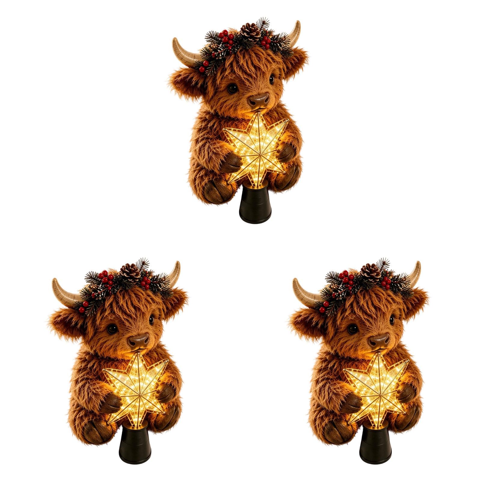 Highland Cow Glowing Star Tree Topper, Lighted Christmas Decor Adorable Highland cow hugs a warm glowing star adding cozy a memorable and farmhouse charm finish to your tree
