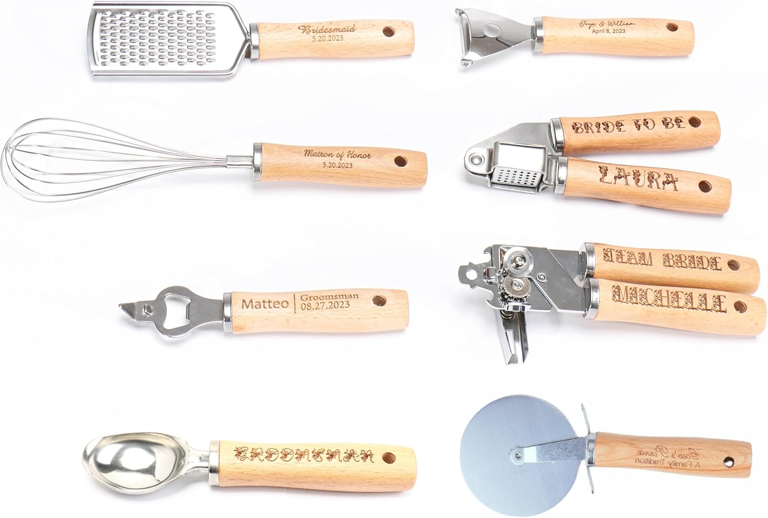 Personalized Kitchen Utensil Engraved Wooden Cooking Tool, Stainless Steel Gadget Housewarming Father Mother's Day Anniversiry Gift Bake Chef Customized Gifts Wedding Favors (All 8 Gadgets)