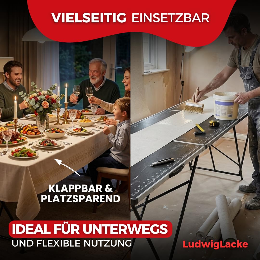Ludwig Lacke® Table à tapisser [Set professionnel de 3 pièces] – Table pliante [extra stable 90 kg] – Table multifonction [Hauteur réglable et peu encombrante] 100 x 60 cm Table de camping Table de