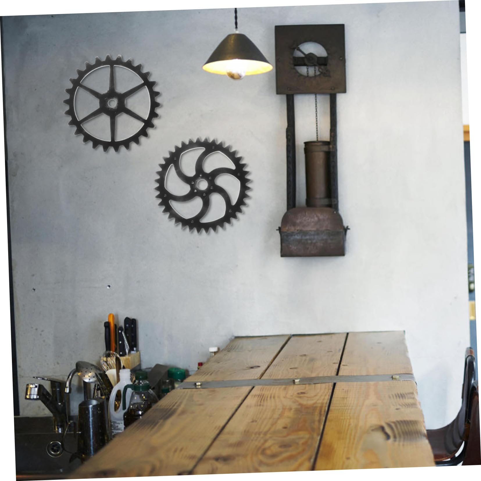 Engrenage Mural en Matériau Bois Foncé 2 Pièces Style Vintage Industriel
