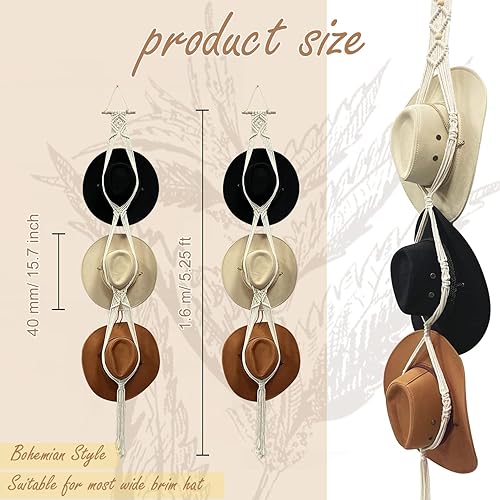 Miniatura 2 de Gute Perchas de macramé para sombreros, perchero bohemio para colgar en la pared, organizador de sombrero de mujer tejido negro y blanco para