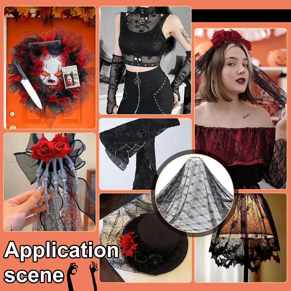 Tissu Dentelle Noire Et Rouge Brodée - 1.8x1.6m - Pour Décoration Halloween, Mariage, DIY Gothique