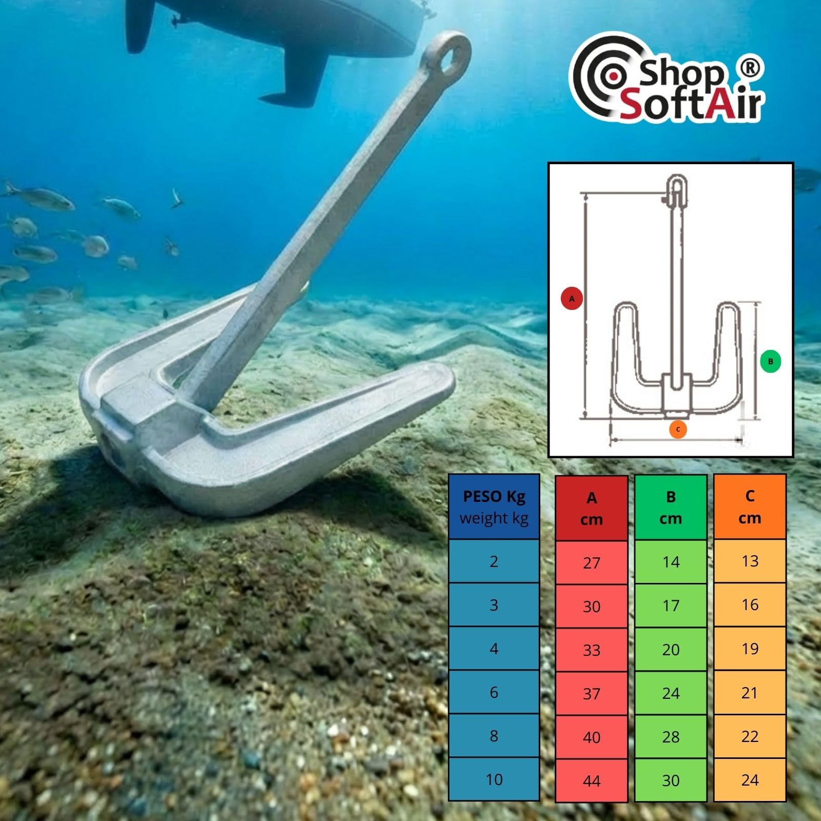 Ancora Hall in Ghisa Zincata a Caldo con Cima Galleggiante 30m e Moschettone Inox Inclusi –Ceppo Mobile per Barca e Gommone – Sabbia e Fango – 2Kg 3Kg 4Kg 6Kg 8Kg 10Kg