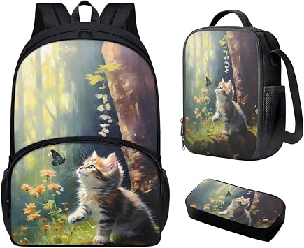 Cute Cat Backpack Purse Girls School Bag with Lunch Box Pencil Case 3 in 1 Book Bag for Kids 8-10 Insulated Lunch Tote Teens Camping Elementary Schoolbag