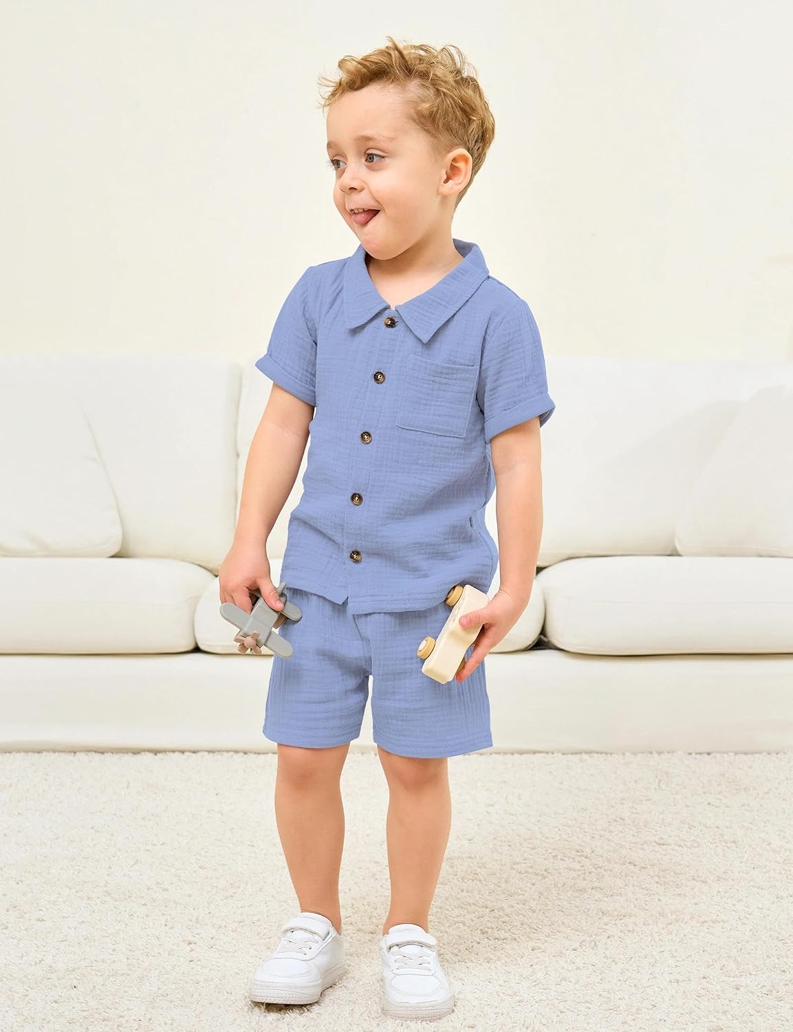 Jimonda Baby Boys Cotton Gauze Shirt/Shorts Sets Outdoor Toddler Button-down Clothes Set Summer Short Sleeve Outfit 2PC