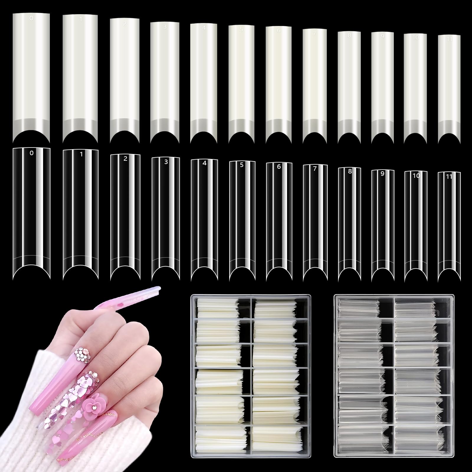 480 Pezzi Unghie Finte Trasparenti: Extra Lunghe Tip Unghie - XL Curva a C Nail Tips - Semicoperte Acrilico Unghie Finte (Trasparente, Naturale)