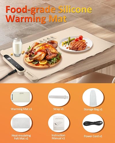Miniatura 7 de Tapete de calentamiento de alimentos, calentador eléctrico enrollable de alimentos, 10 niveles de temperatura y temporizador de 10 horas, bandeja de