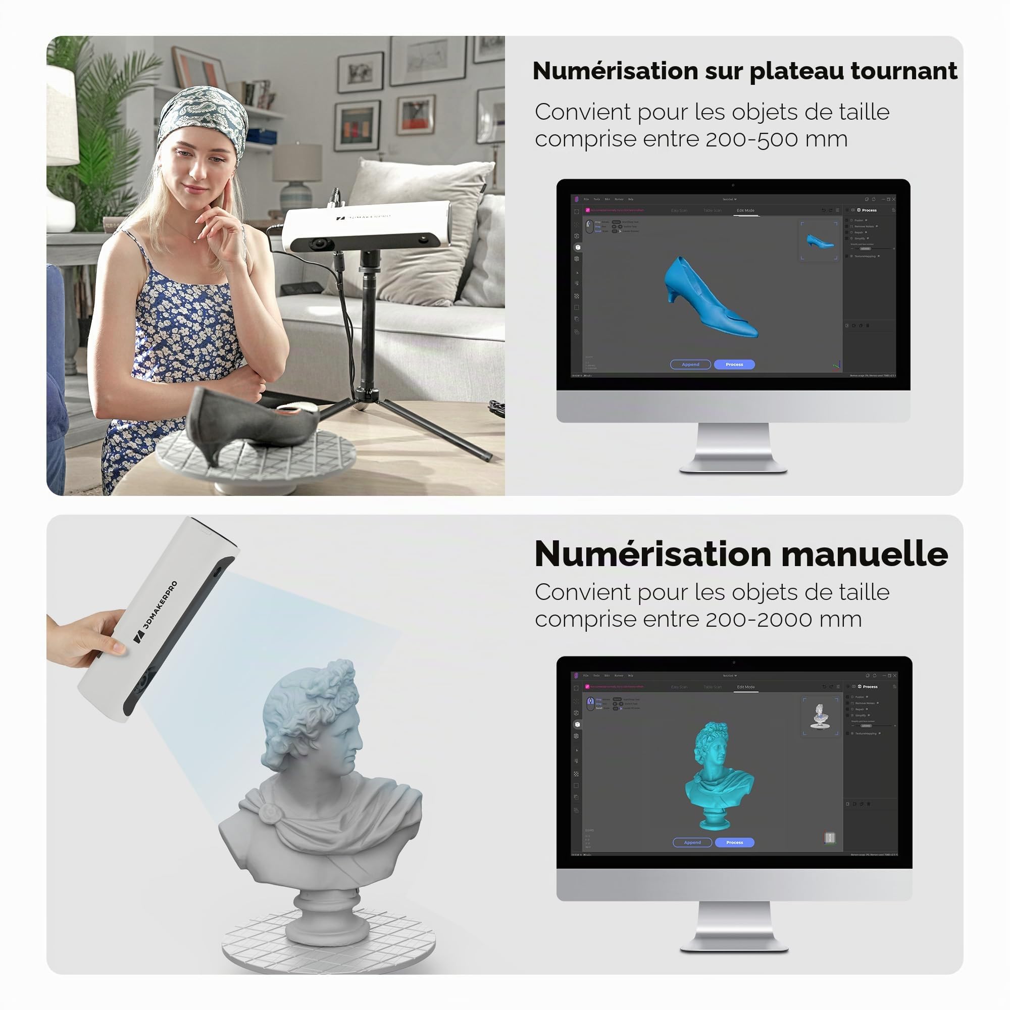 Scanner 3D Lynx 3DMakerpro 0,1 mm de précision et vitesse de numérisation 10 FPS Scanner portable 3D avec algorithme d'alignement intelligent sur grande surface - Paquet Premium