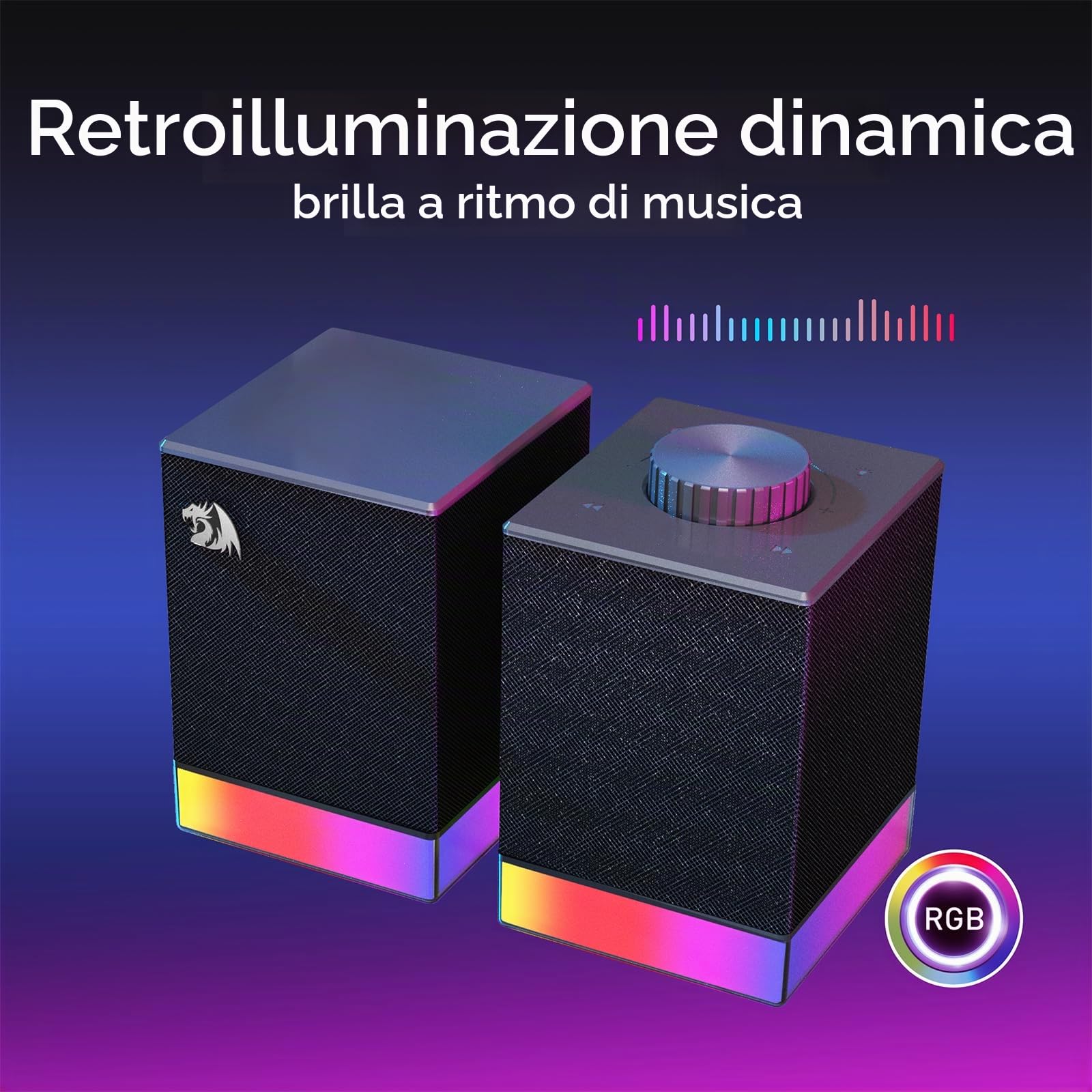Redragon GS517 - Altoparlante per computer RGB, sistema audio stereo 2.0 con doppia connettività BT e USB, 8 effetti di illuminazione RGB, comandi touch e manopola del volume, perfetto per giochi e
