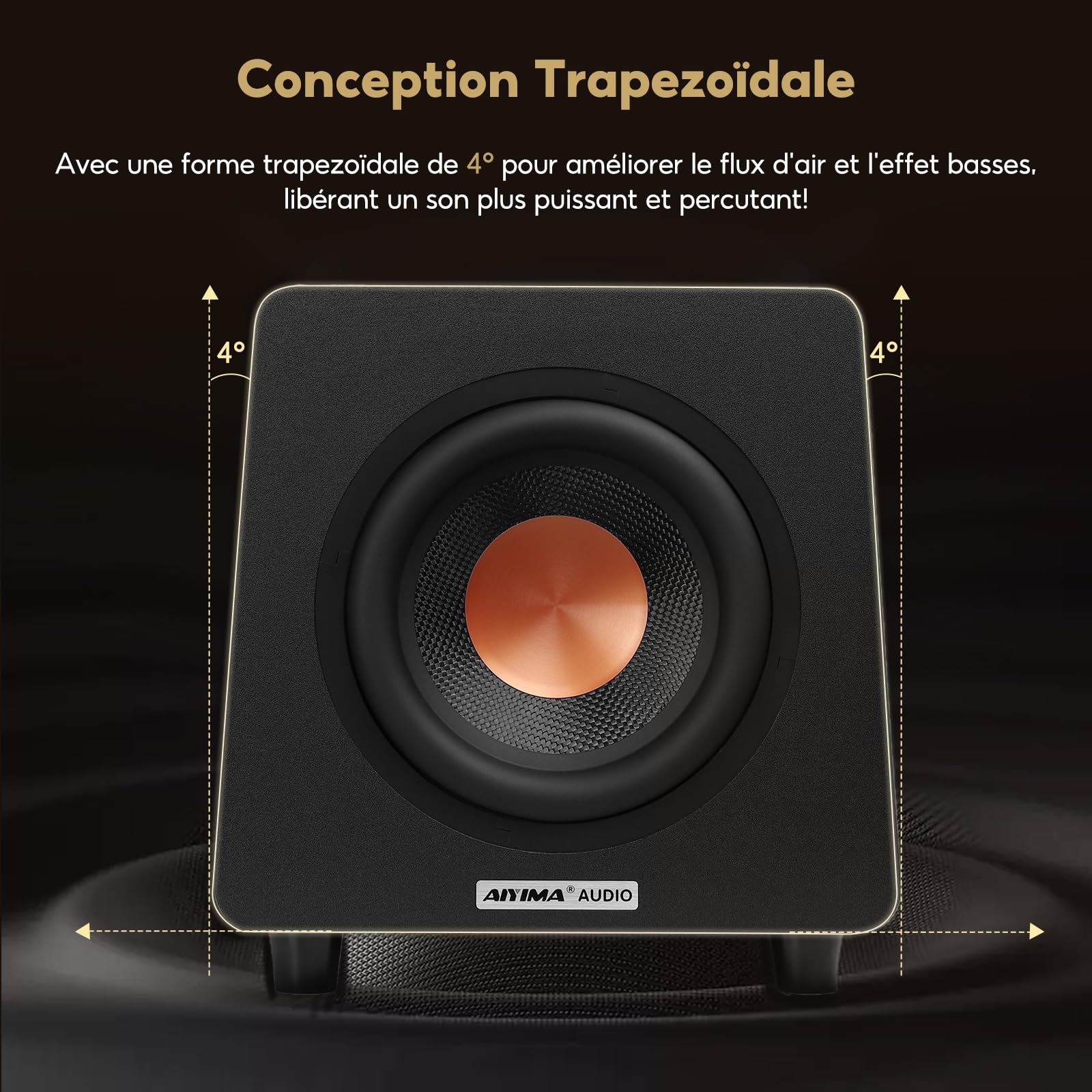 AIYIMA 800X Caisson de Basses Actif 8", 100W RMS, 30–300 Hz, Réglage Volume/Filtre Passe-Bas/Phase, Entrées RCA/AUX/LFE, Caisson MDF Anti-Résonance pour Home Cinéma & HiFi