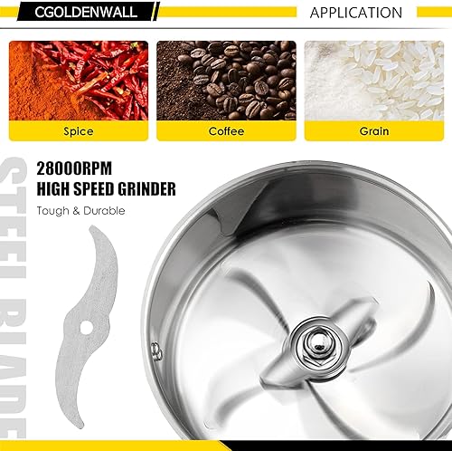 Miniatura 2 de CGOLDENWALL Molinillo eléctrico de grano de acero inoxidable de 70.55 oz para moler varios granos molino de granos de especias molinillo de hierbas
