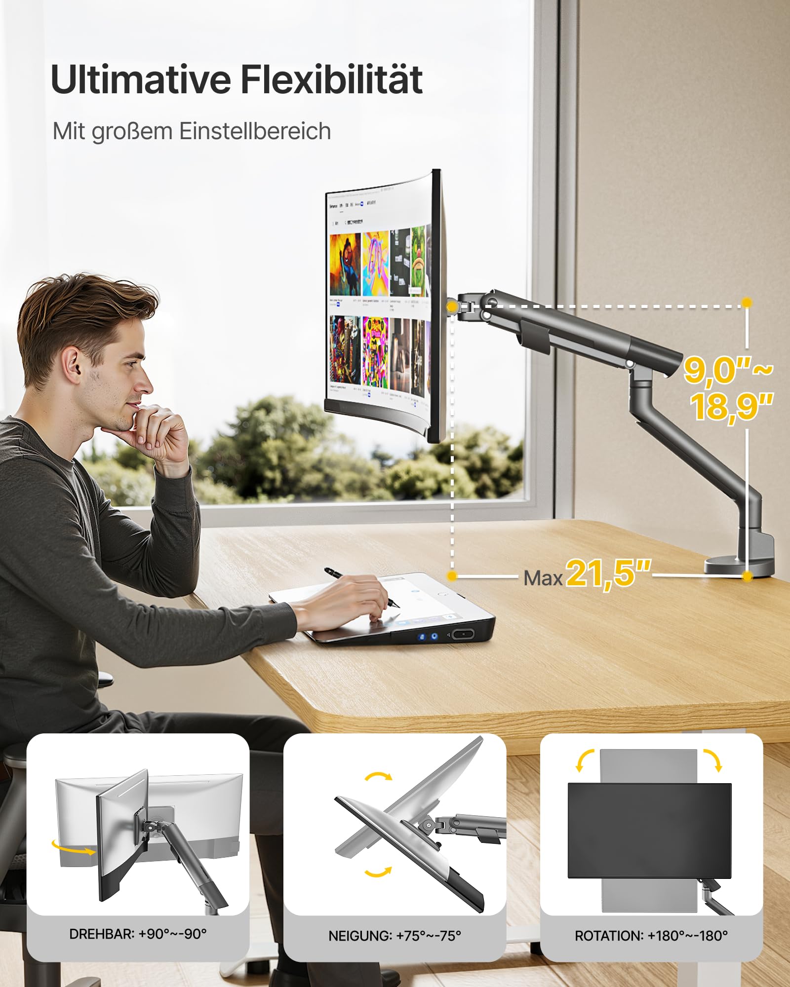 monTEK Brazo Monitor para Pantallas de 17 a 40 Pulgadas soporta 11 kg | soporte de escritorio ajustable, VESA 75/100mm, montaje mediante abrazadera y pasacables Diseño moderno y robusto,gris oscuro