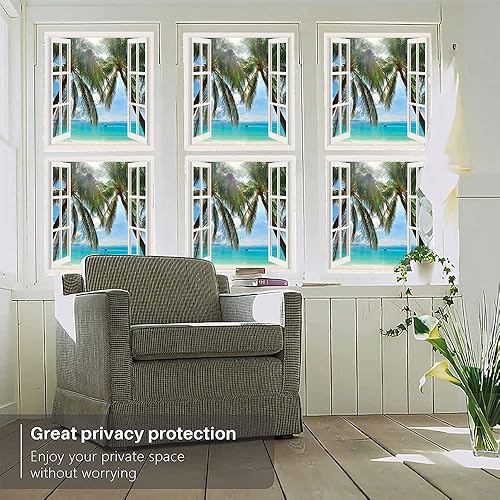 Miniatura 2 de Película adhesiva tropical para ventana, ventana a la exótica playa, paisaje, composición pastoral con palmeras, para bloqueo UV, control de calor,