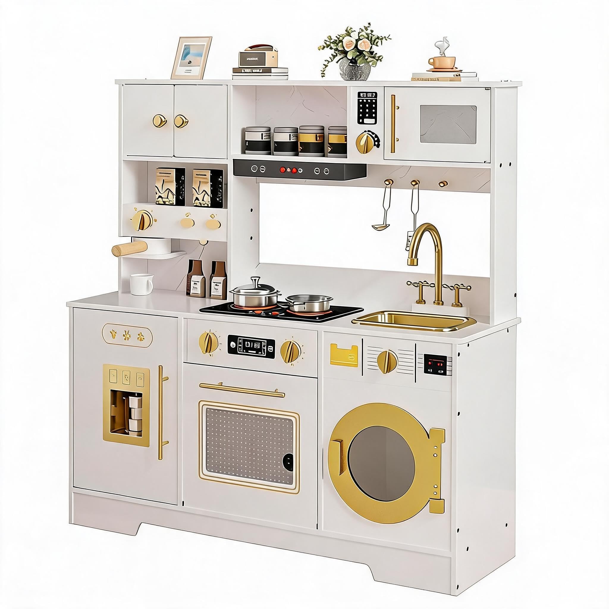 Holz Spielküche 8-in-1 Kinderküche Kaffeemaschine Herd Weiß