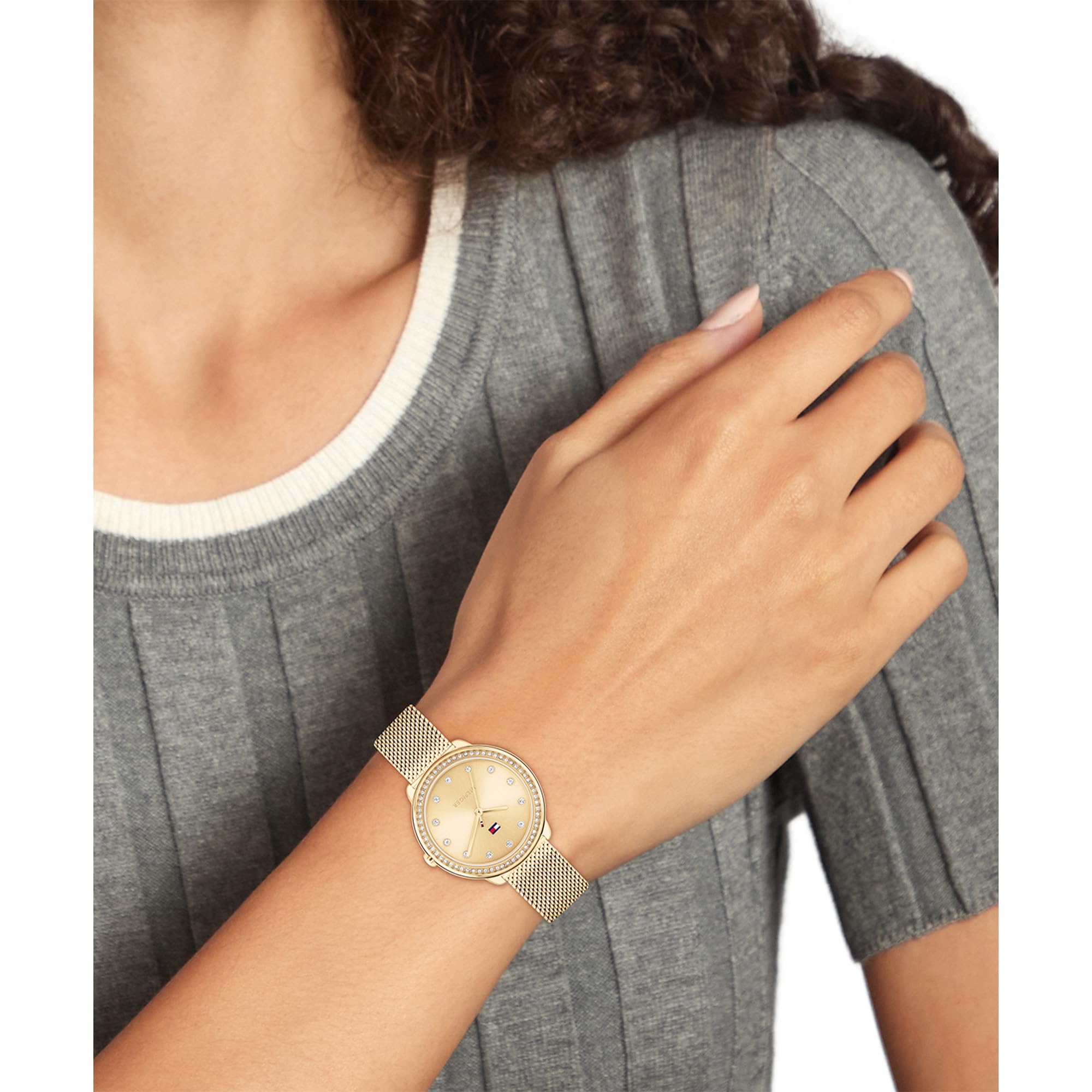 Tommy Hilfiger Uhr mit DREI-Zeiger-Quarzwerkfür Damen mit Goldfarben Edelstahl-Mesh-Gliederarmband - 1782699
