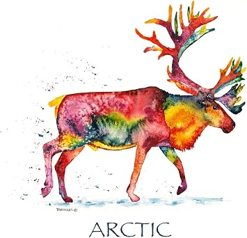 Arctic Rainbow Caribou Giclee Art Print Poster from Watercolor by Artist Dave Bartholet 9" x 12"