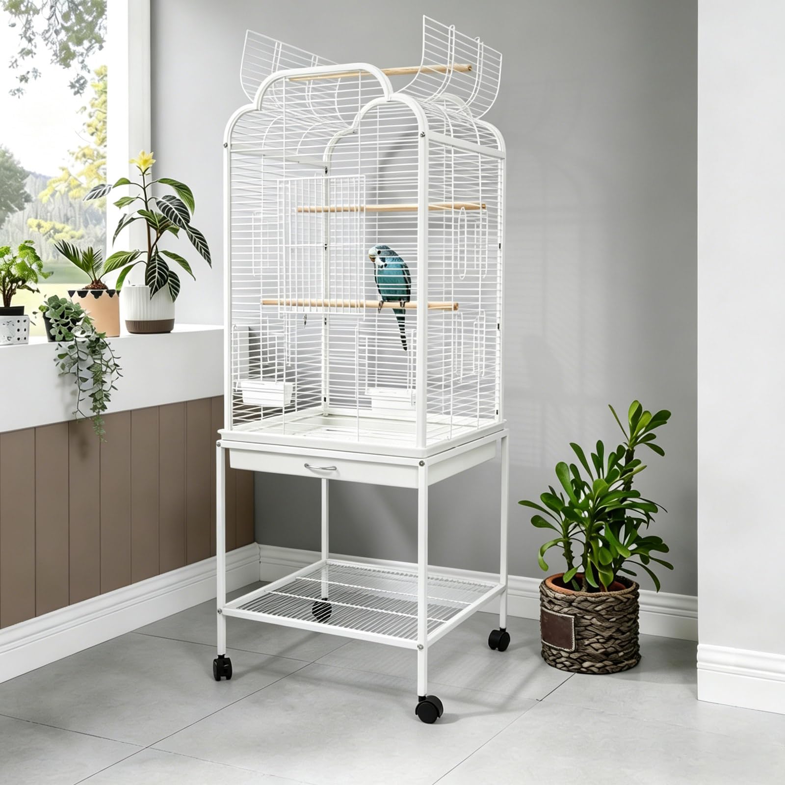 Pajarera grande con 2 cajas de comida, color blanco | Jaula para pájaros con 4 ruedas (2 frenos), con 3 sillas de madera, para pájaros pequeños y medianos (48 x 46 x 134 cm)