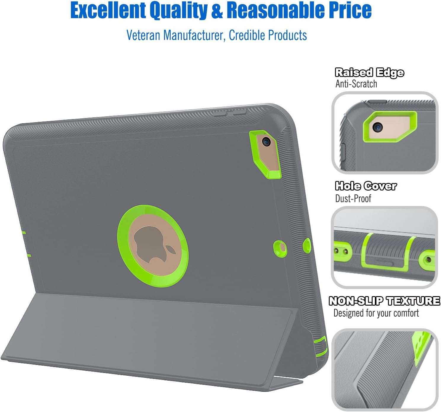 SEYMAC stock Case for iPad 9.7 inch 2018/2017, 3-Layer Smart Magnetic Auto Sleep/Wake Cover Leather with Stand Feature for iPad 2017/2018 Release Model a1822/ a1823 (Gray/Green)