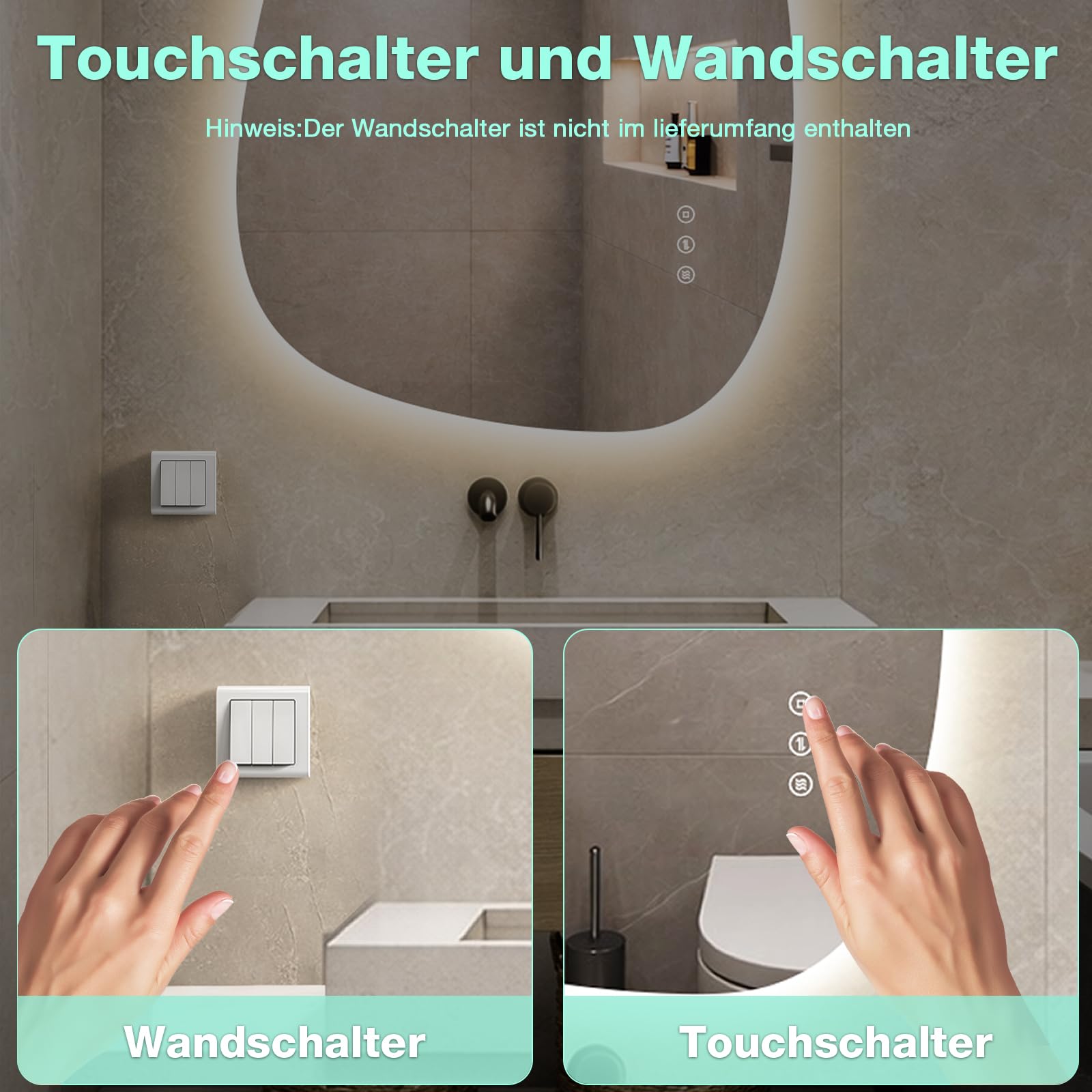 Badezimmer Spiegel mit Beleuchtung 83 × 60 cm, 3 Lichtfarben, Dimmbar, Antibeschlag, Asymmetrischer Spiegel mit Beleuchtung, Touch-Schalter, Memory-Funktion Horizontal/Vertikal