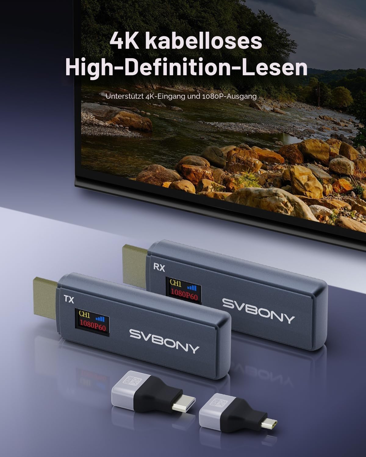 Svbony TransAir1 Wireless HDMI Transmitter, 1080P@60Hz 80M Reichweite, OLED-Display, 2,4G/5G 9-Kanal, 0,06 Sekunden Latenz, für PC zu HD-Fernseher, Konferenzbildschirme, Projektoren
