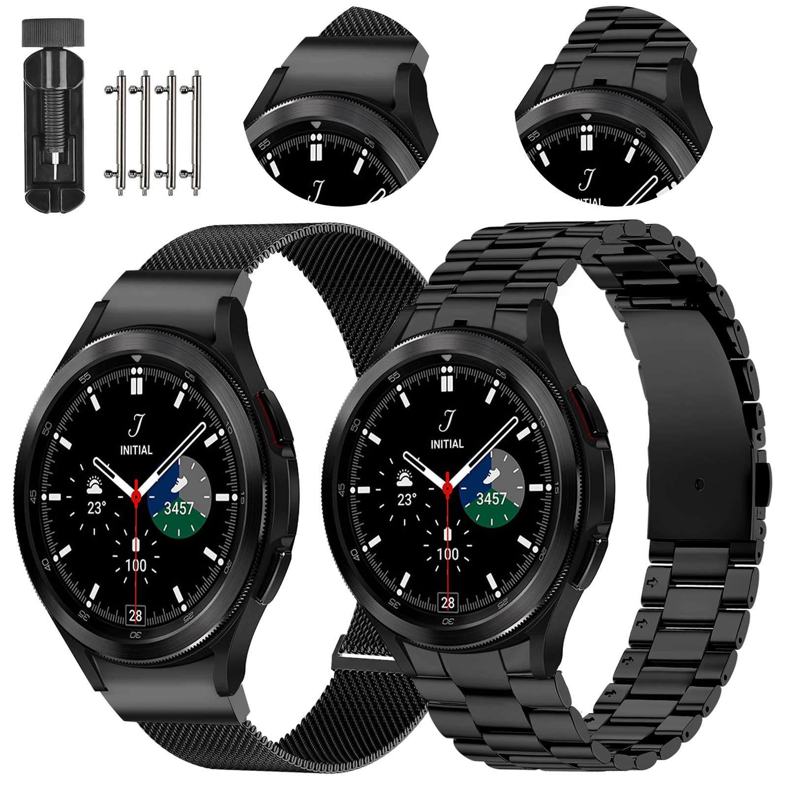 Samsung Galaxy Watch 6 Band Classic 43mm 47mm 40mm 44mm Samsung Galaxy Watch 5 Band Sets Pro 45/40/44mm, No Gap Metal Band for Galaxy Watch 4 Band Classic 46mm Men Women, Solid Stainless Steel Business Strap Metal Band + Mesh Loop Bands for Men Women