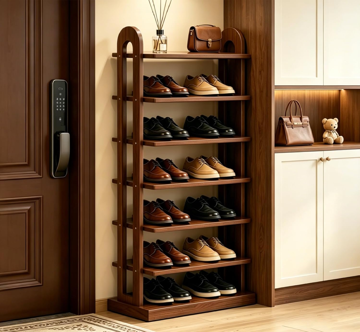 7-Tier Vertical Shoe Rack, Entryway Shoe Tower, Shoe Rack Organizer, Shoe Holder Storage Narrow Vertical, Wooden Free Standing Shoe Rack Shelf for Entryway, Hallway, Closet