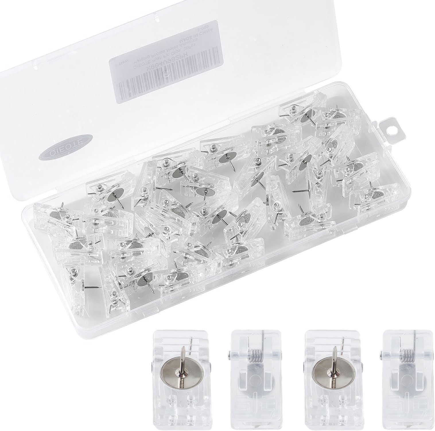 Push Pin Clips, 30Pcs Clear Plastic Push Pins for Bulletin Board, Thumb Tacks for Wall/Cork Board, Clear Clothespins with Tacks for Office Family School Hanging Photos Notes Artworks