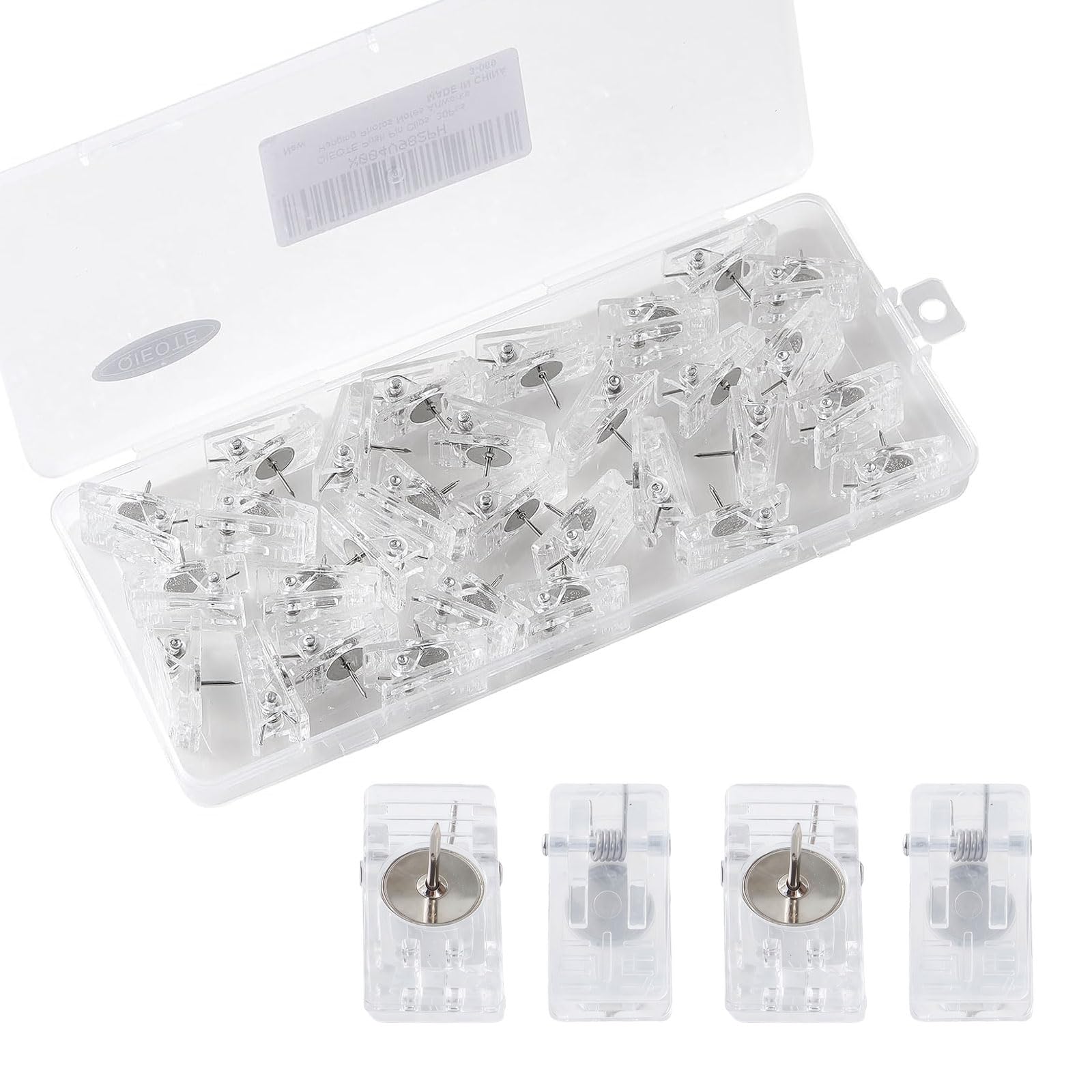 Push Pin Clips, 30Pcs Clear Plastic Push Pins for Bulletin Board, Thumb Tacks for Wall/Cork Board, Clear Clothespins with Tacks for Office Family School Hanging Photos Notes Artworks