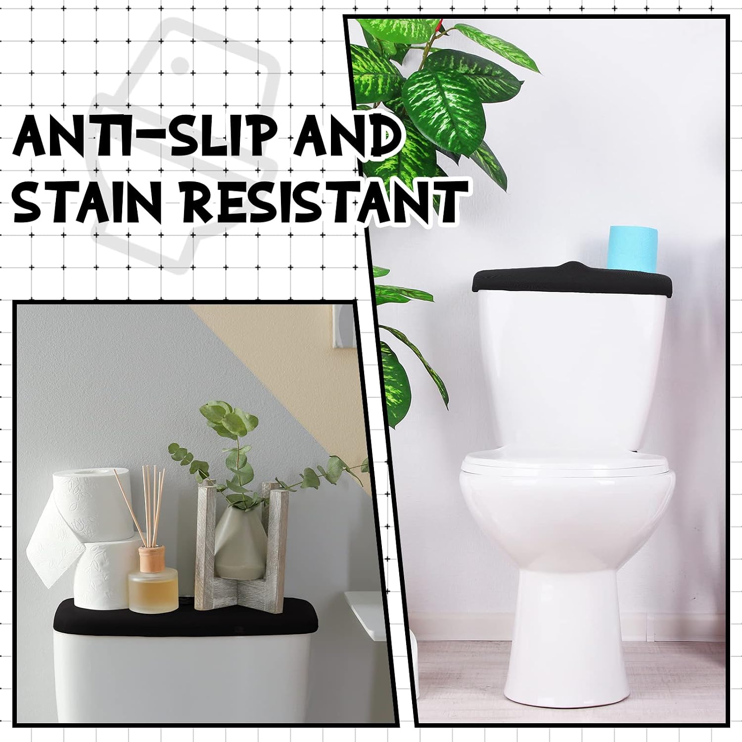 Hoolerry 4 Pcs Toilet Tank Lid Cover Universal Back of Toilet Tank Cover Soft and Absorbent Replacement with Elastic Bottom for Bathroom Decor Accessories(Black) image 3