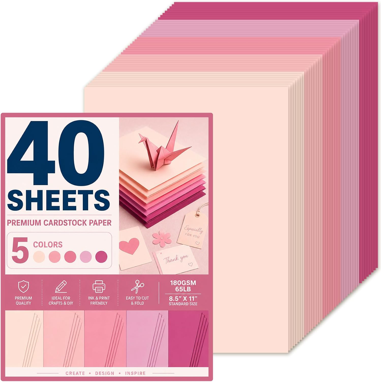 40 Sheets Pink Gradient Cardstock Paper 8.5 x 11 Inches – 5 Tone Color Transition Light to Dark, 180GSM/65LB Thick Craft Paper for Cricut, Scrapbooking, DIY Cards, School Art & Party Decorations