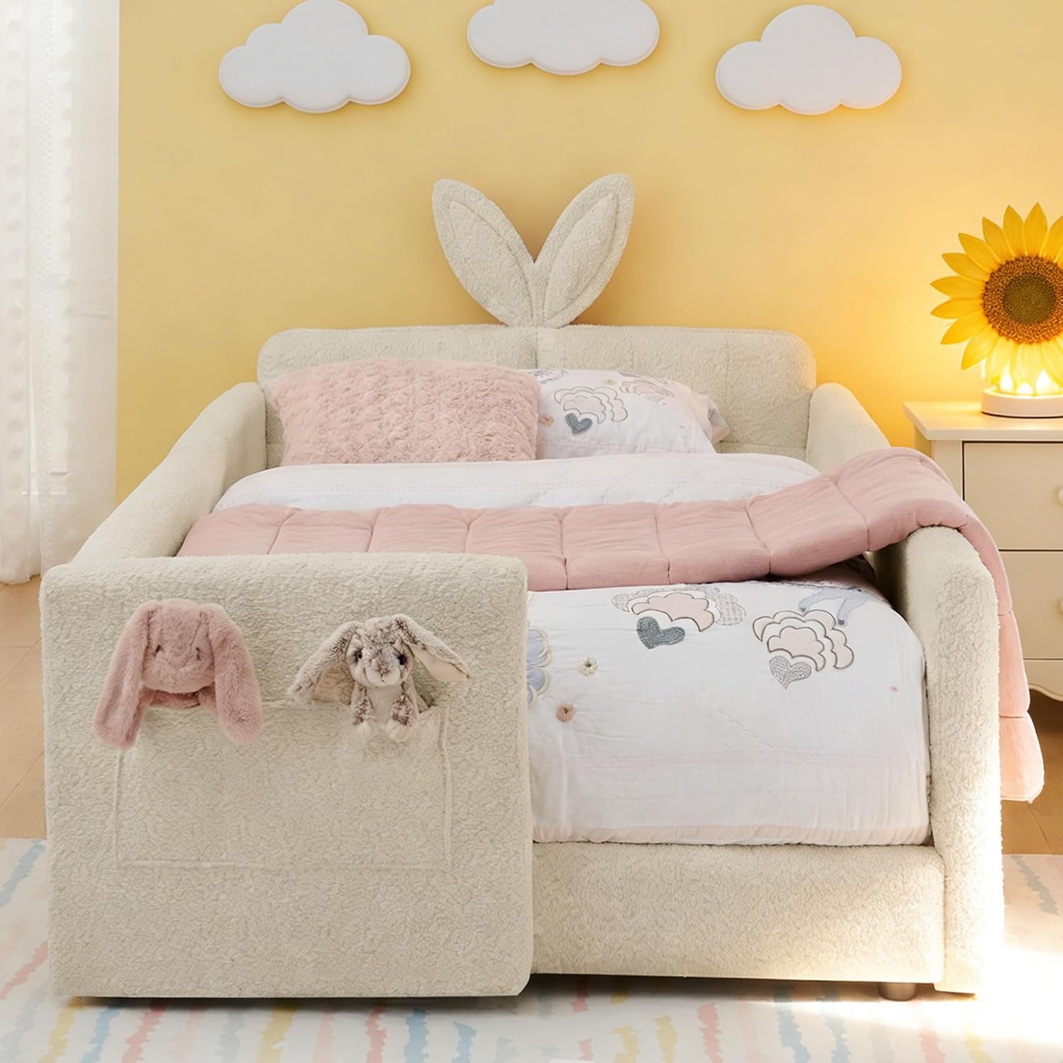 Bellemave Upholstered Montessori Floor Bed with Fence and Storage Pocket, Twin Floor Bed with Slats and Rabbit Ear Shaped Headboard, Twin Size Montessori Beds Frame for Girls, Boys, Beige