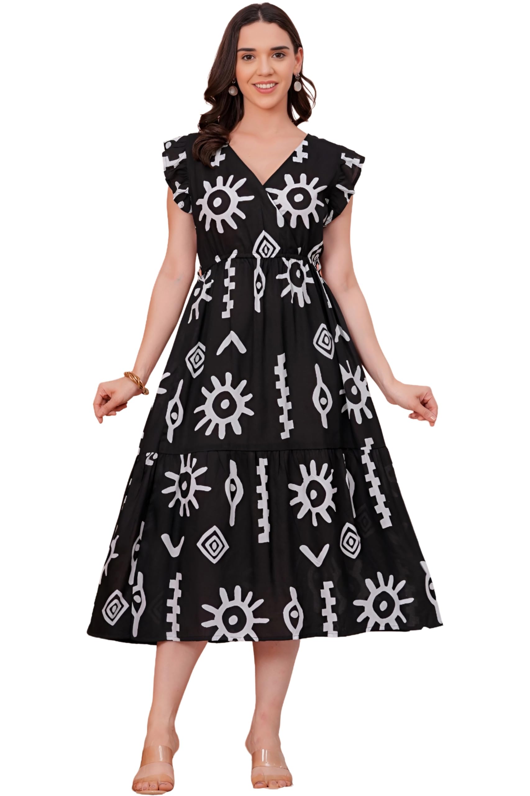 Black & White Rayon Dress: Bohemian Tribal Print, Tiered, Waist Belt Tie-up || Kurti, Kurta, Gown for Teenage Girls & Women (K119-M1-Dd1)-image-1