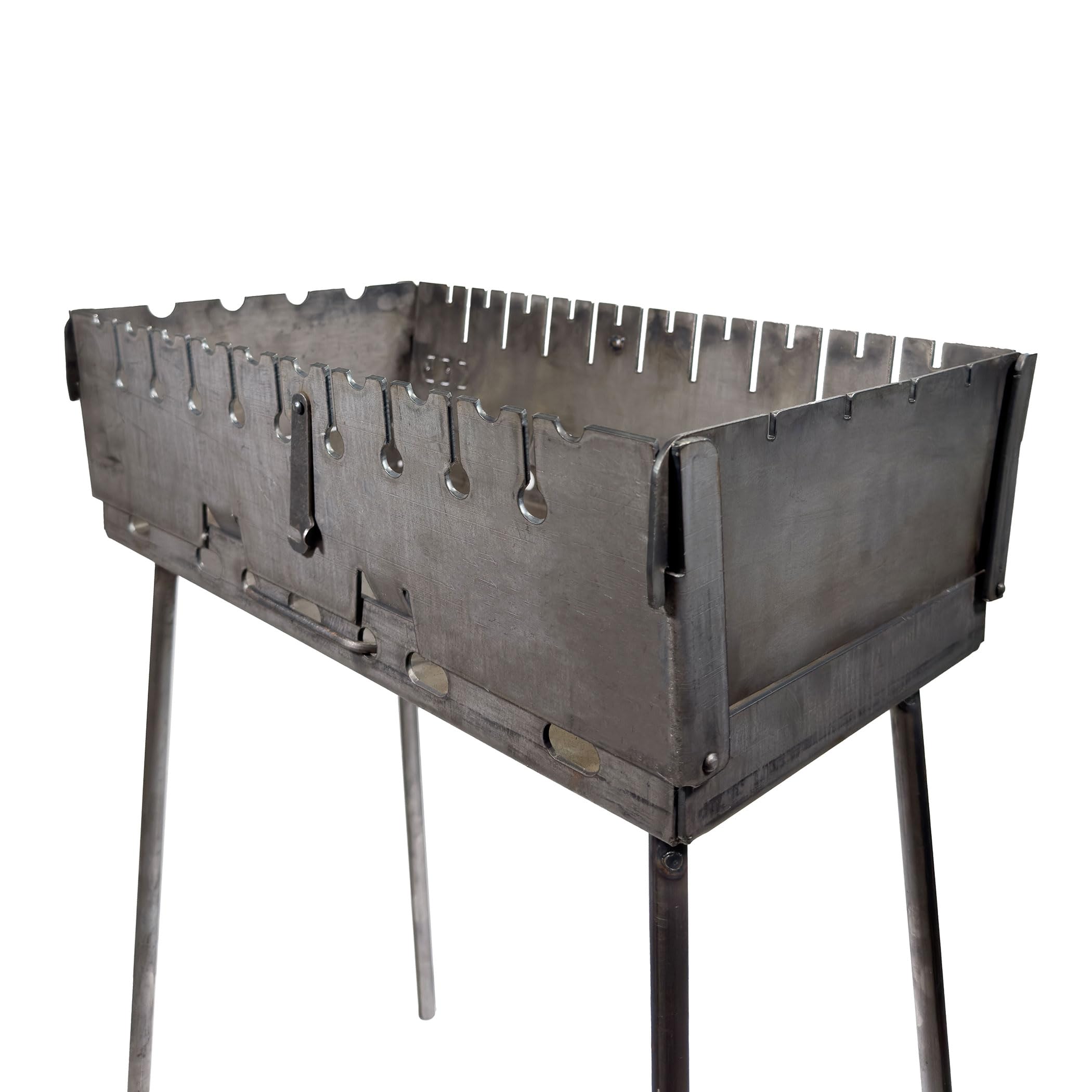 Faltbarer Schaschlikgrill „Verstärkt“ für 10 Spieße – Holzkohlegrill aus 3 mm Stahl, kompakt als Koffer faltbar, stabile Bauweise, ideal für Garten, Camping & Picknick