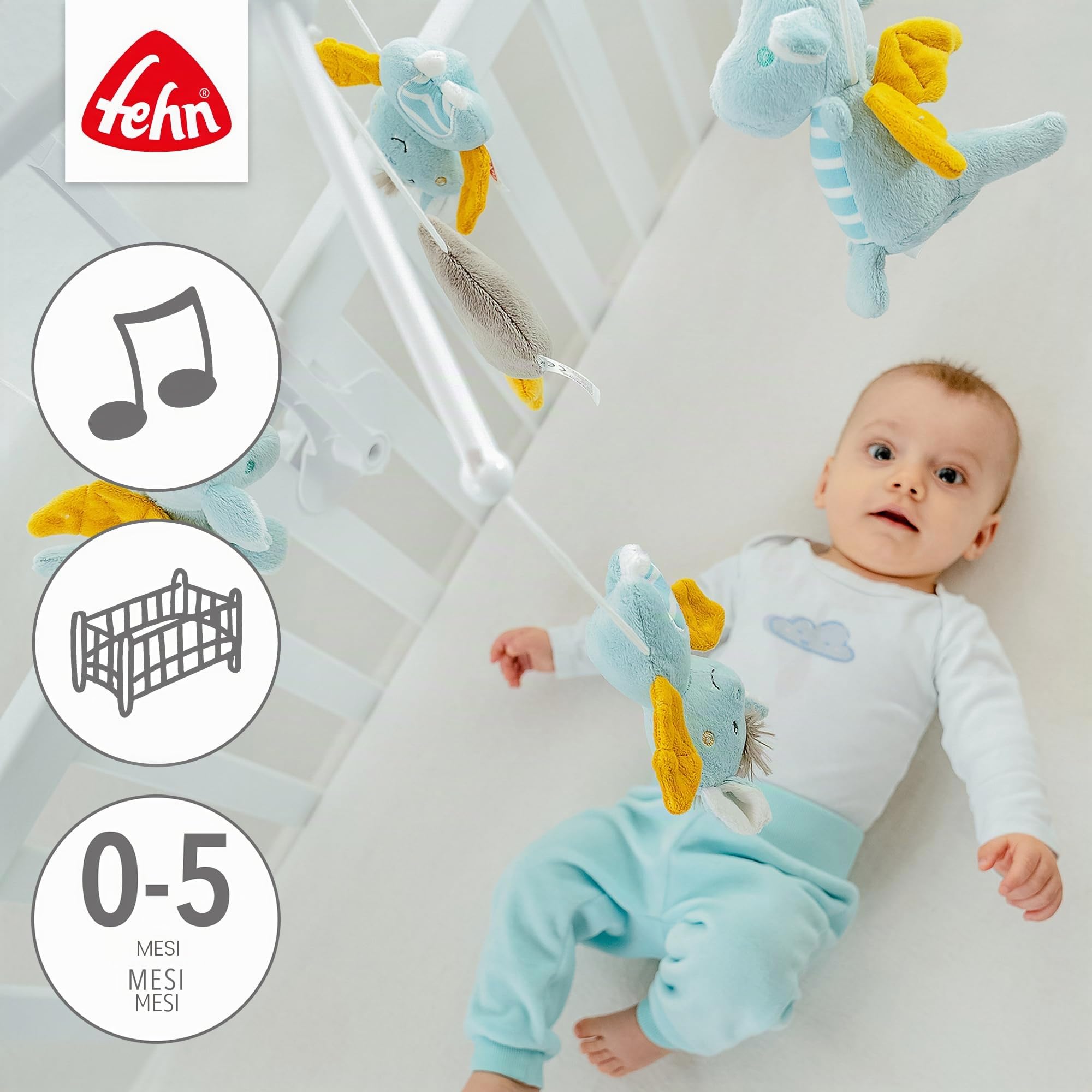 Fehn giostrina musicale Little Castle - mobile da appendere con melodia musicale ninna nanna di Mozart e personaggi per calmare e intrattenere - Con fissaggio al letto per bambini da 0 a 5 mesi