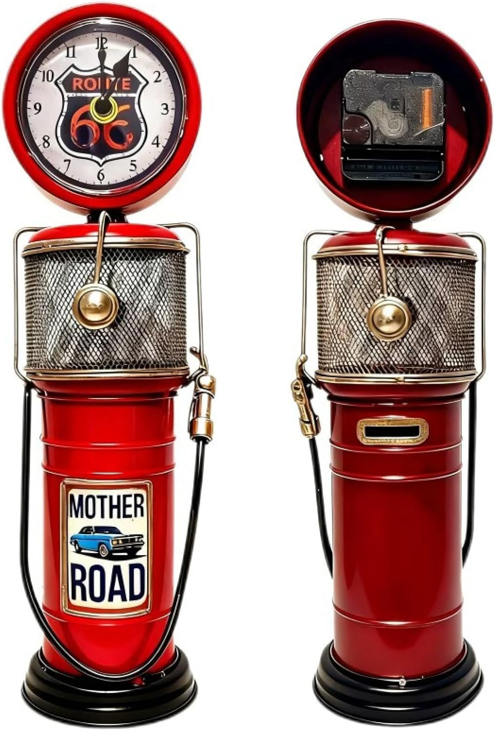 Vintage Industrial Gas Pump Wall Clock, 13" Retro Metal Route 66 Silent Quartz Decorative Clock for Home, Garage, Man Cave and Office, Battery Operated Non-Ticking Distressed Antique Art Decor