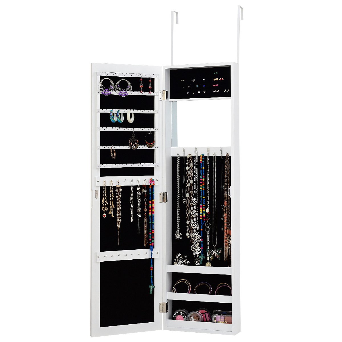 RELAX4LIFE RELAX4LIFE Armario para Joyas con Espejo de Cuerpo Entero y Espejo Incorporado, Joyero con 3 Estantes, 25 Ganchos, 40 Ranuras y Portapendientes de 3 Filas, Montaje en Puerta o Pared (Blanco)