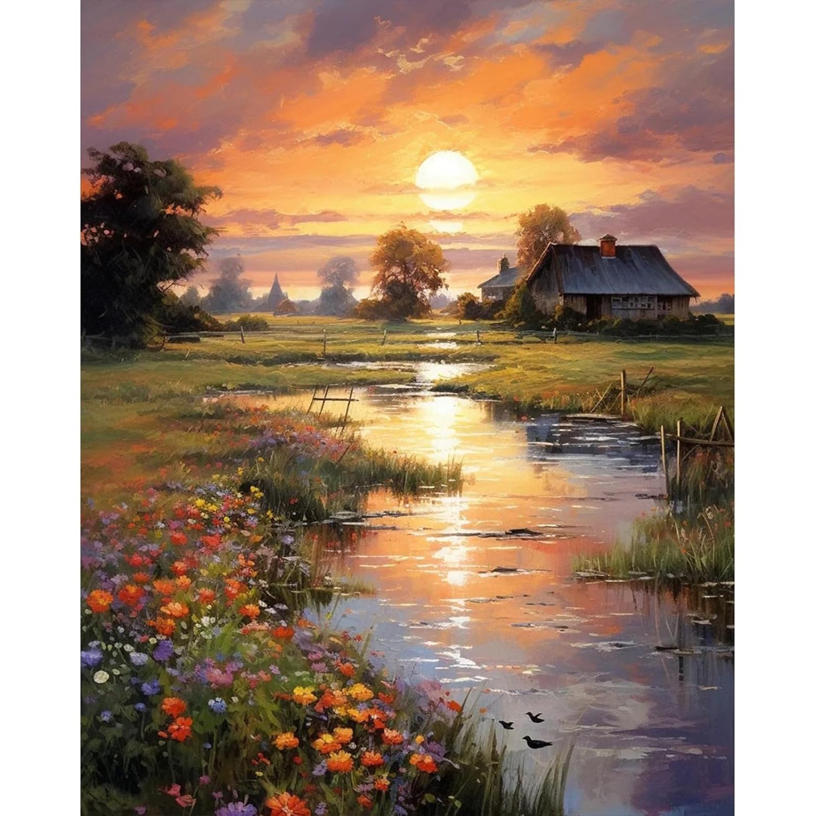 Fountor Countryside Sunset Paint by Numbers for Adults, Riverside Cabin Adult...