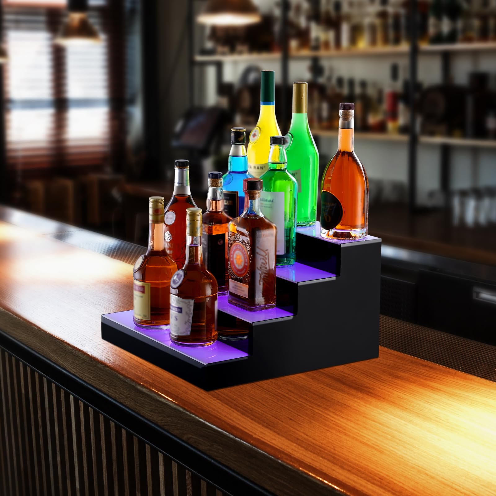 VEVOR Espositore illuminato a LED per bottiglie di liquore, 4 ripiani da 40,6 cm, scaffale da bar commerciale, supporto per whisky a 4 gradini