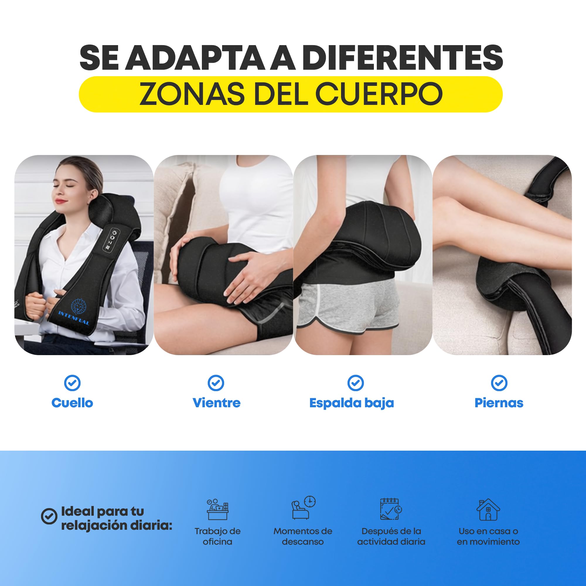 Masajeador Cervical y Espalda Shiatsu con Calor, Masajeador de Cuello, Hombros y Lumbar con 2 Nodos Rotatorios y 4 Cabezales, 3 Intensidades, Masaje Profundo 3D, Uso en Casa y Coche (No Inalámbrico)