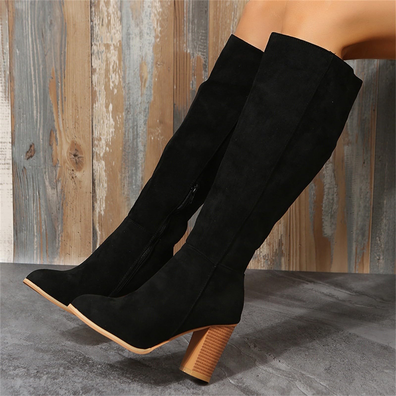 Generisch Bottes de chevalier pour femme - Bottes en daim - Fermeture éclair latérale - Bottes à talons hauts - Tige longue - Bottes à talon épais - Automne et hiver