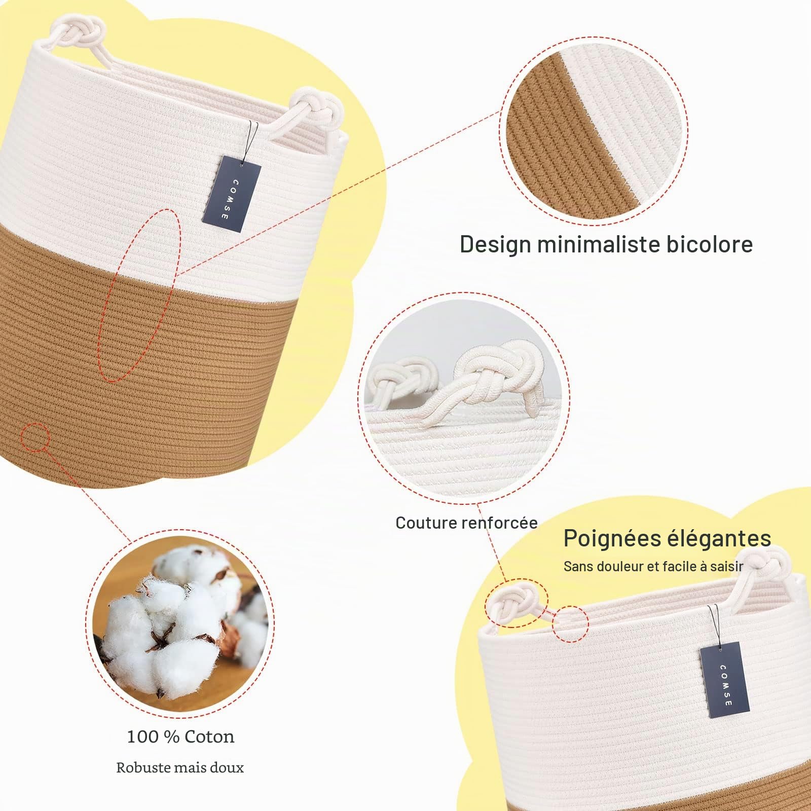 COMSE Panier de rangement extra large pour couverture, panier à linge, 40x55 cm, panier en corde de coton, rangement pour couverture pour salon, panier à jouets, paniers à vêtements, blanc/camel