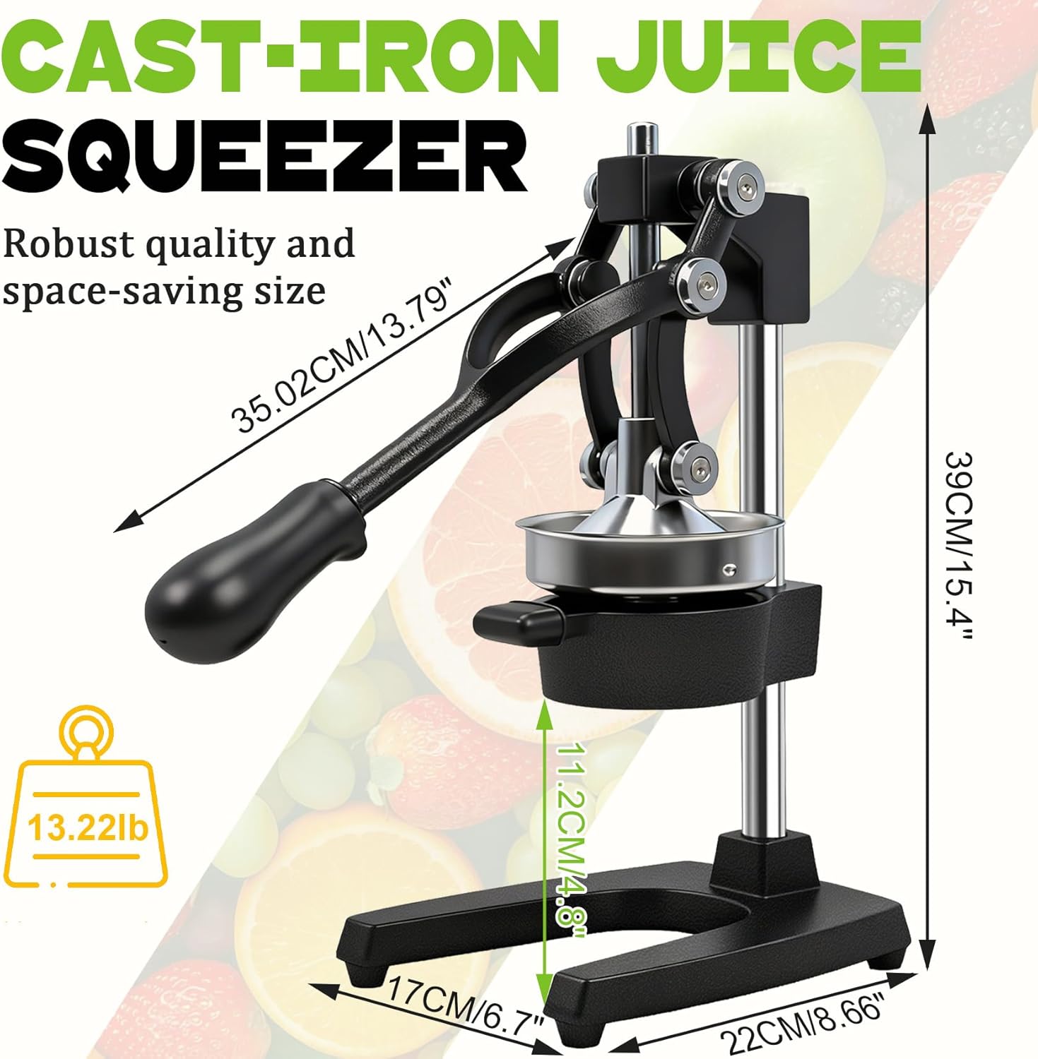 Cast Iron Manual Juicer – Heavy-Duty Hand Press Orange & Lemon Squeezer, Commercial Grade Hand Juicer Press, Easy-to-Clean Fruit Press (Black)