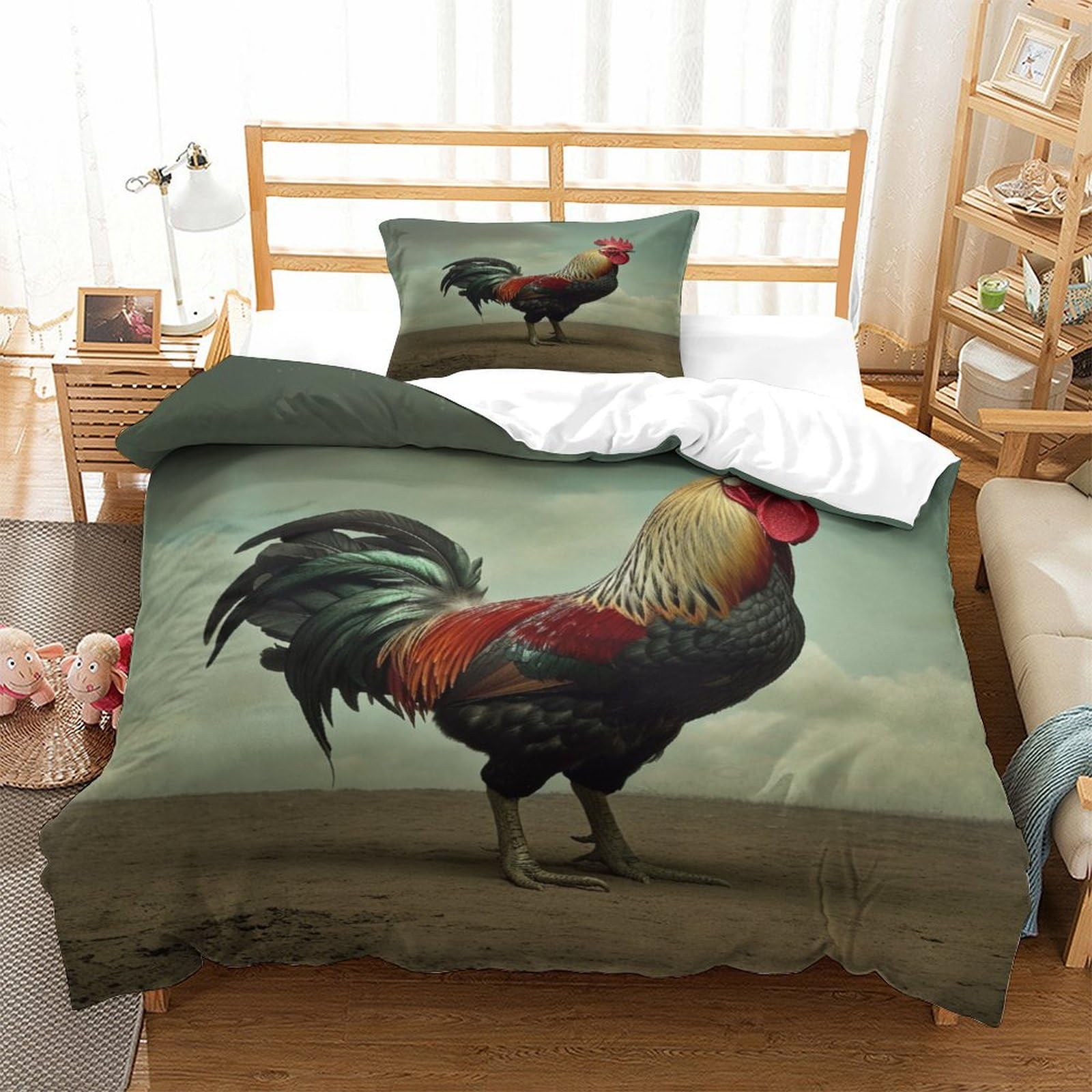 P1s9u7w5y Gallic Rooster-6 Rustic Rooster 3D Printed Duvet Cover Set 3Pcs Microfiber Farm Animal Bedding Set Single（135X200cm）
