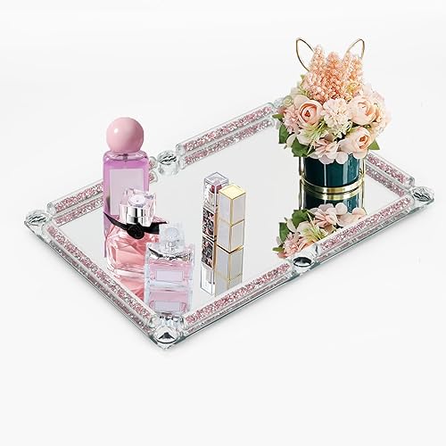 Bandeja de espejo rosa, cristal de cristal, rectangular, lujo, glamour, cosméticos, perfumes, joyas, decorativo, entretenimiento, 11.8 x 7.9 x 1.2