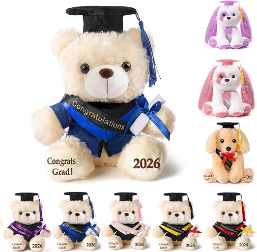 Graduation Teddy Bear Plush with Cap and Diploma, 8 inch (Blue)
