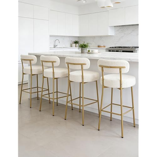 White Bar Stools Set of 4, Boucle Counter Height Bar Stools, 24" Modern Counter Stools with Backs, Upholstered Barstools with Gold Legs for Kitchen Island, Bar, Cafe
