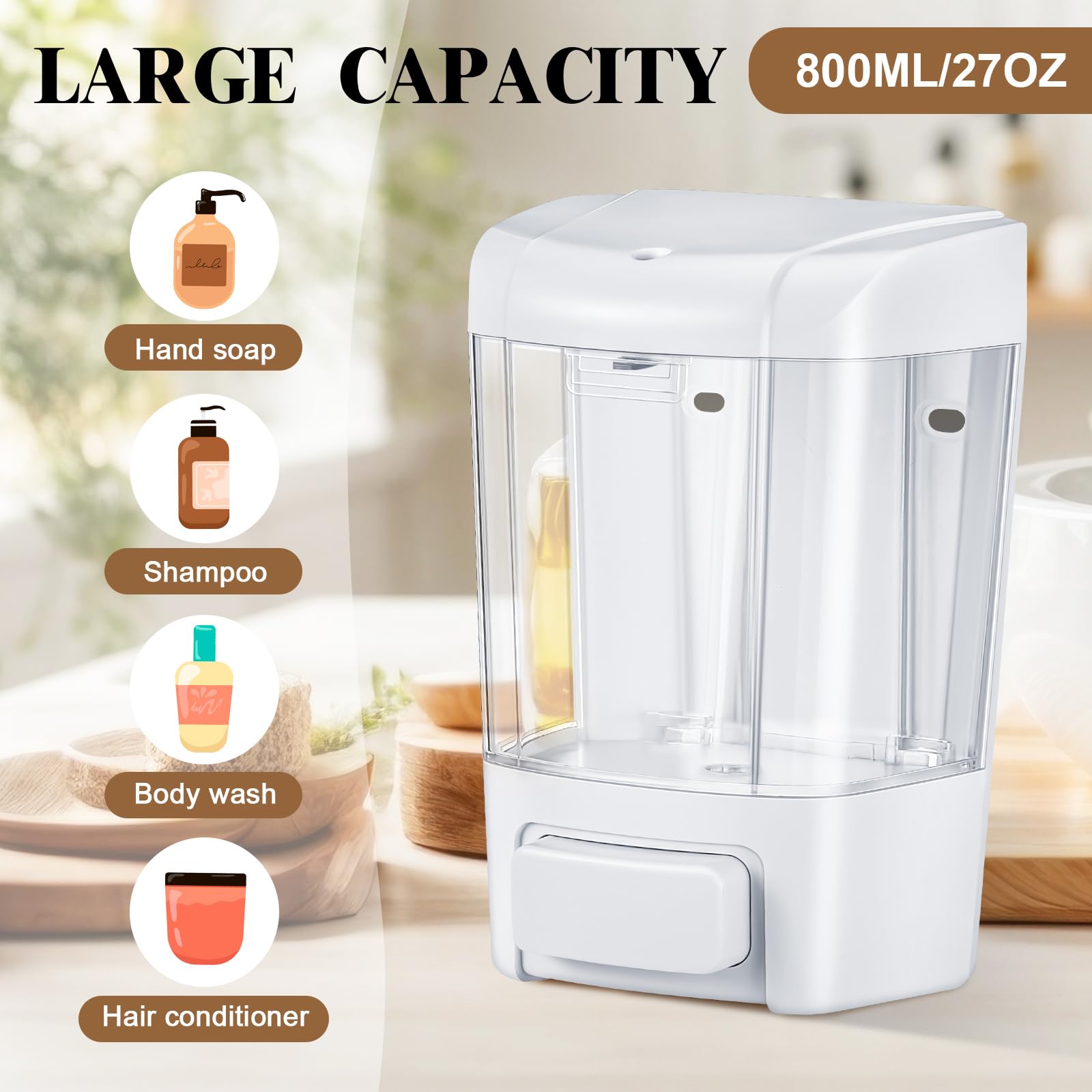 Hushee 2 dispensadores de jabón comerciales montados en la pared, contenedores dispensadores de jabón manual de 33.8 onzas, 1000 ml, dispensador de jabón de mano de plástico para baño, cocina, hotel,