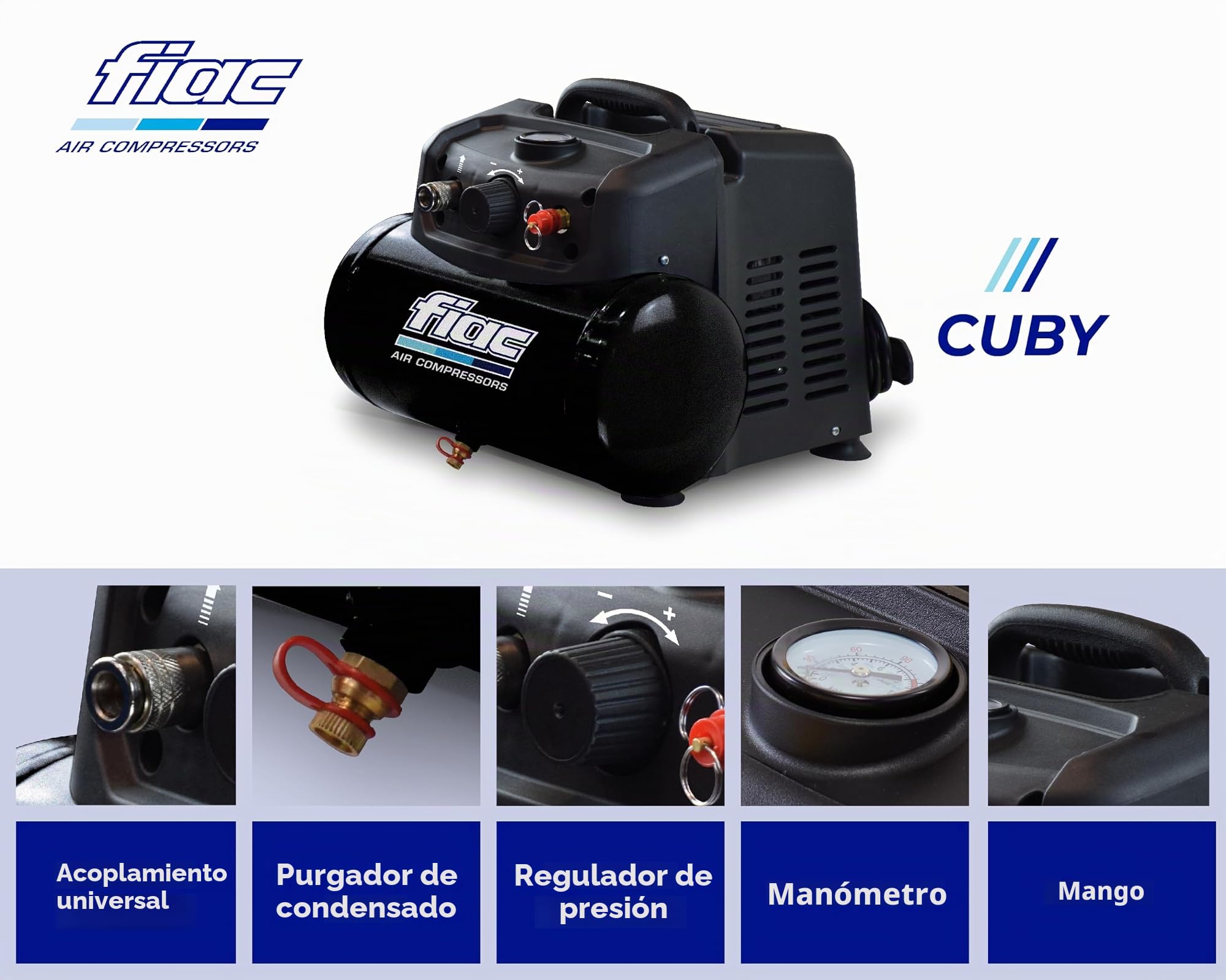 FIAC Compresor de Aire Portátil CUBY, Sin Aceite, Presión Máxima 8 Bar, 1.5 Hp, Tanque 6 Litros, Nivel sonoro 97 dB