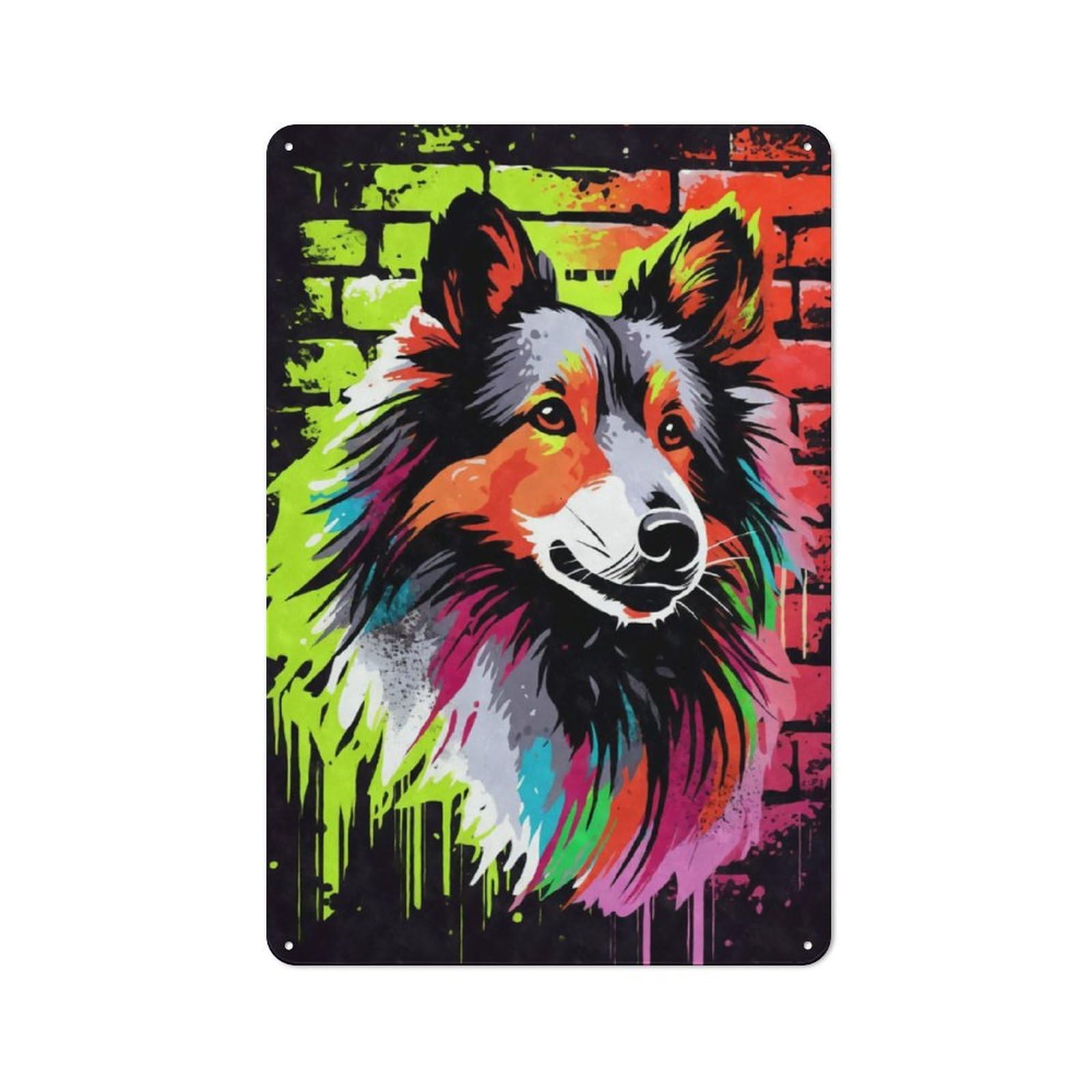 Junmoney Shetland Sheepdog Graffiti Rustic Tin Sign 30X20cm For Café Or Restaurant, A Decorative Christmas Gift For Hospitality Interior Collectors