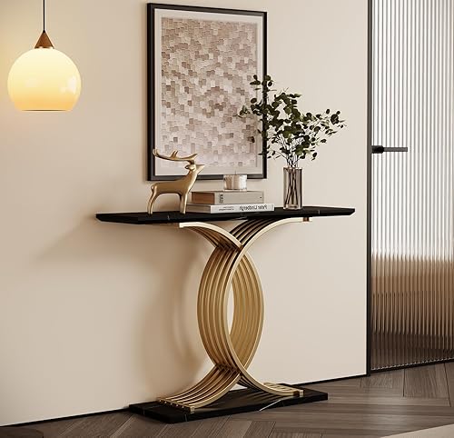 Mesa consola de 43.3 pulgadas con patas de metal entrelazadas doradas, mesa de entrada decorativa negra y dorada, 43.31 x 11.69 x 31.5 pulgadas,